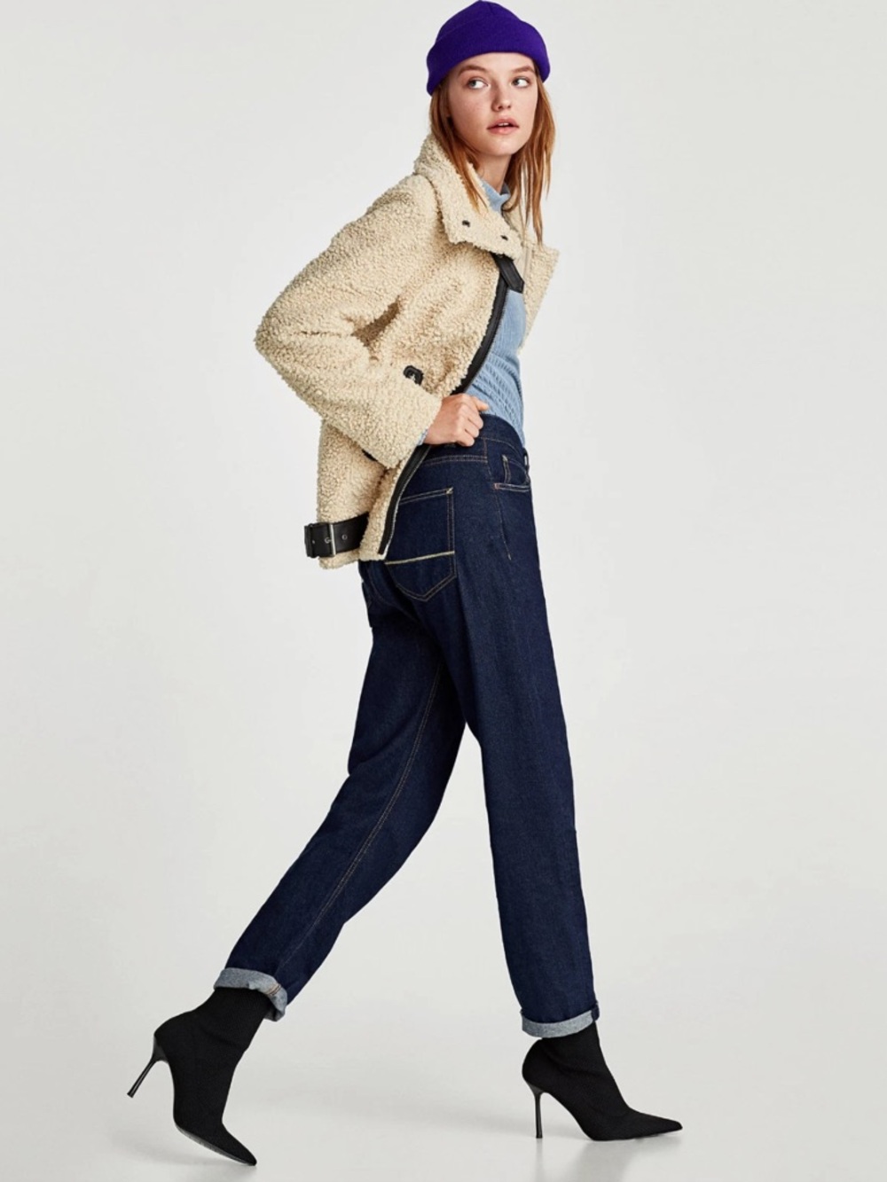 ZARA Shearling Faux Fur Teddy Aviator Moto Jacket Coat High Collar LIKE NEW - Picture 4 of 16